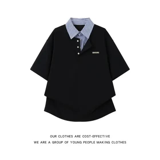 Falso camisa listrada de duas peças gola de manga curta camisa polo masculina verão americano Retro solto estilo Preppy