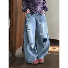 Estilo americano angustiado rasgado remendo Jeans de perna larga masculino primavera verão solto High-End Retro lavado c
