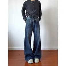 Jeans desconstrução assimétrico masculino 2026 verão americano Retro solto em linha reta nicho Design calças de perna la