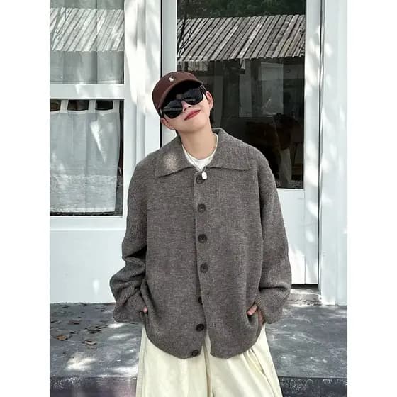 2024 outono inverno novo estilo Cardigan camisola americana Retro Casual estilo preguiçoso com decote em V camisola masc