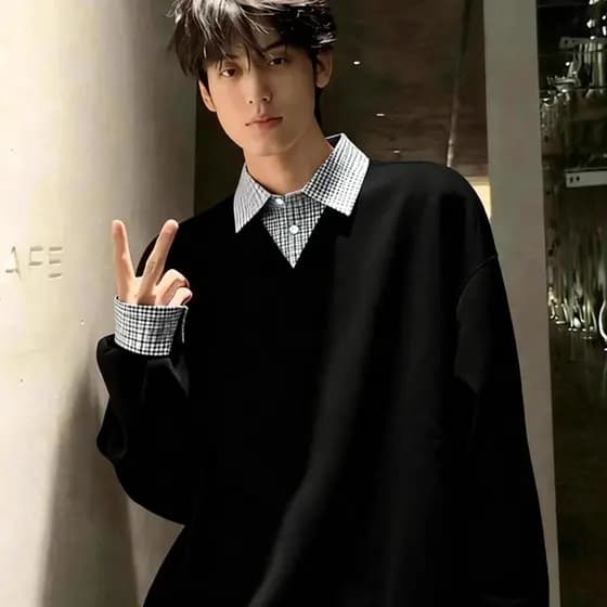 Estilo Preppy preto falso camisa de duas peças gola moletom masculino cleanfit xadrez costura camisa Polo de manga compr