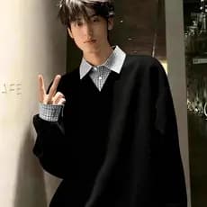 Estilo Preppy preto falso camisa de duas peças gola moletom masculino cleanfit xadrez costura camisa Polo de manga compr