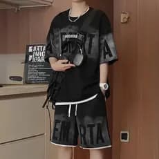Shorts falsos de duas peças de manga curta terno masculino verão Street wear carta camiseta masculina wear um conjunto c