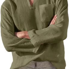 【Estilo Casual】Camisa masculina de linho com gola V, manga longa, ideal para primavera/praia