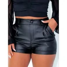 Shorts Feminino Couro Courino Cintura Alta Com Zíper Na lateral Bolso e Botão Pressão
