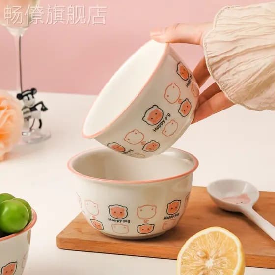 Conjunto de tigela de arroz de cerâmica leitão doméstico bonito de alto valor macarrão instantâneo iogurte tigela pessoa