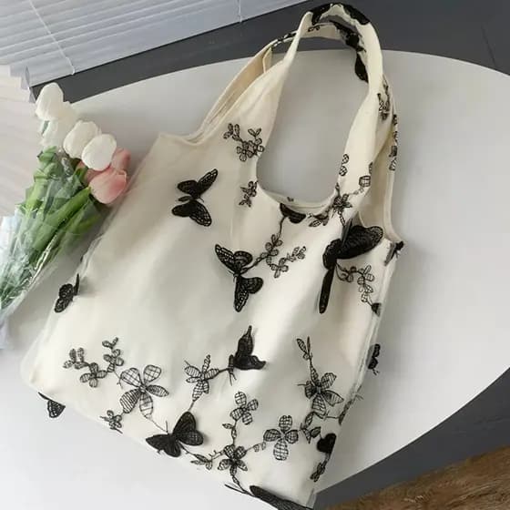 Super bonito bordado borboleta renda fada saco ins viagem bolsa feminina bolsa de lona literária grande capacidade All-M