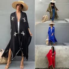 Novo estilo de algodão bordado protetor solar Cardigan biquíni blusa feminina férias à beira-mar praia jaqueta maiô exte