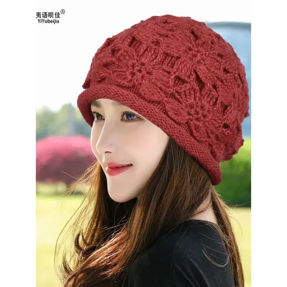 Chapéu feminino outono inverno chapéu de lã artesanal crochê pulôver chapéu elegante chapéu de malha quente flor chapéu