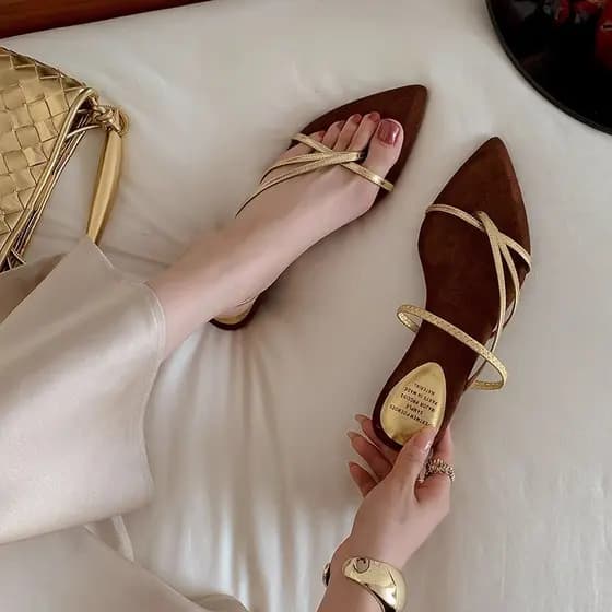 Férias francesas estilo romano sandálias de duas peças alça plana apontou ouro cinta fina cunha sapatos femininos sandál