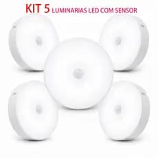 Luminária Led Sensor Movimento Recarregável Usb Kit 5 Peças Branco