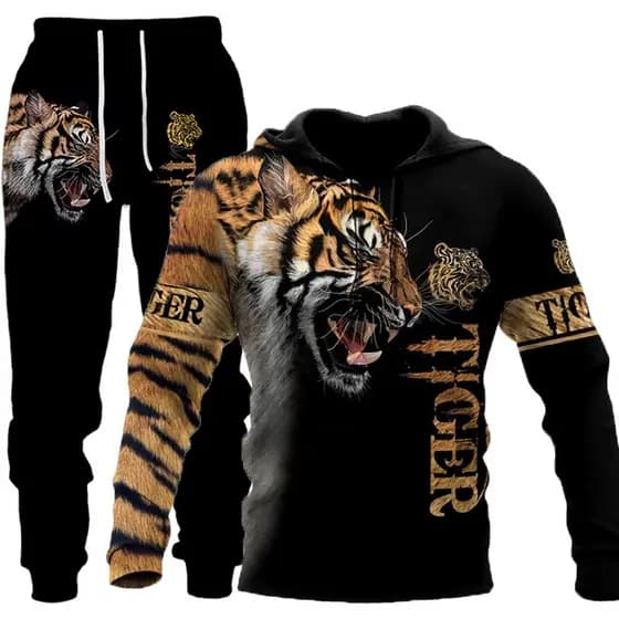 Conjunto de Agasalho Masculino Estampado em 3D com Estampa de Tigre e Leão para Treino, Incluindo Moletom com Capuz, Pul