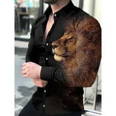 Camisas Sociais Masculinas de Luxo e Moda, com Gola Reversível, Botões, Estampa de Leão, Manga Longa, Estilo Casual # Ca