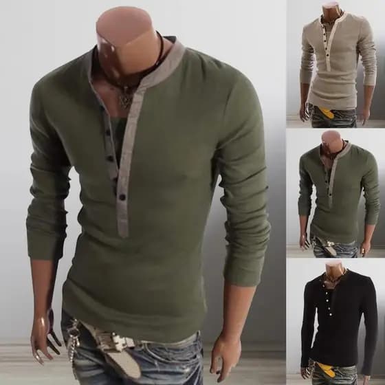Nova Camiseta Masculina de Algodão para Primavera, Camiseta Masculina de Cor Sólida, Camiseta de Manga Longa com Gola de