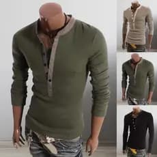 Nova Camiseta Masculina de Algodão para Primavera, Camiseta Masculina de Cor Sólida, Camiseta de Manga Longa com Gola de