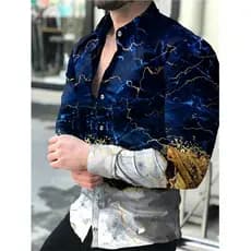 Camisas Sociais Masculinas da Moda, Camisa com Gola Dobrada e Botões, Estampa Casual com Efeito de Relâmpagos, Manga Lon
