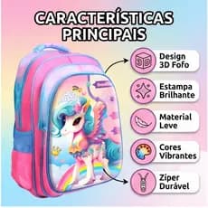 Mochila Infantil Feminina 3D Unicórnio fofa para Escola Leve Grande Capacidade Menina Mochila Escolar Modelo Enviado Ale