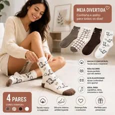 meia feminina cano medio，Kit 4 Pares de Meias Femininas Estampado Ursinho Confortável - Tamanho Único