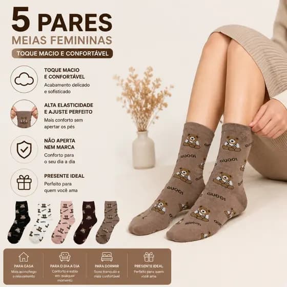 meias femininas (3-12 pares) Meias esportivas casuais femininas de cano médio, estampa fofa de ursinho, tamanhos 35-40
