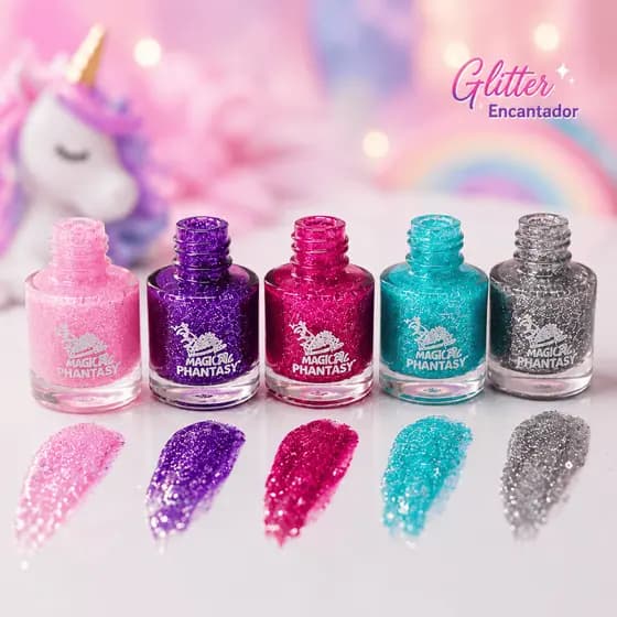 Kit de Esmaltes Infantil Magical Phantasy 5 Cores com Brilho e Glitter Vibrante Tema Unicórnio Menina
