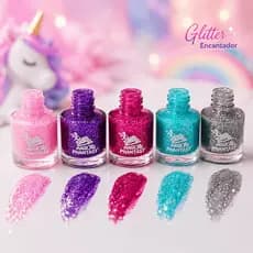 Kit de Esmaltes Infantil Magical Phantasy 5 Cores com Brilho e Glitter Vibrante Tema Unicórnio Menina