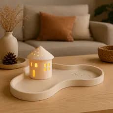 Kit Bandeja Decorativa Refúgio com Casinha LED Porta Chaves Lavabo Mesa de Entrada Decoração Minimalista