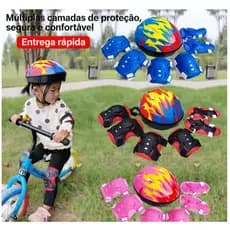 Kit Proteção Infantil 7 Peças Capacete Joelheira Cotoveleira Luvas - Bicicleta Patinete Skate Patins