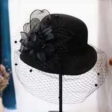 Chapéu feminino outono inverno moda chapéu superior meia ondulação chapéu de lã Hepburn estilo Retro gaze capa rosto cel
