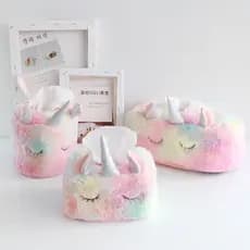 Caixa de papel de pelúcia de unicórnio gradiente estilo feminino caixa de armazenamento de tecido de mesa