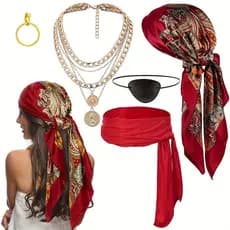 Fantasia Pirata Cosplay Conjunto Completo Com Lenço, Cinto, Colar e Pulseira