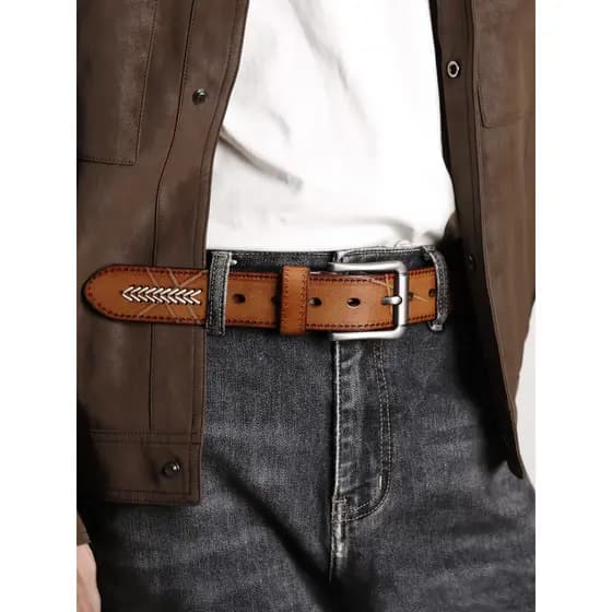 Cinto retrô americano feito à mão, couro genuíno, fivela de pino, calças para jovens, primeira camada, Casual, couro pur