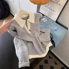 Tão coreano tão suave!Contraste cor lapela Design camisola de malha feminina inverno macio ceroso quente pulôver topo