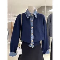 Doce legal Casual Denim costura falso de duas peças gola Polo camisola malhas 2025 outono inverno Design quente topo