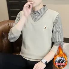 Forro de lã engrossado masculino falso de duas peças outono inverno quente camisola malhas pai usar camisa de fundo cami