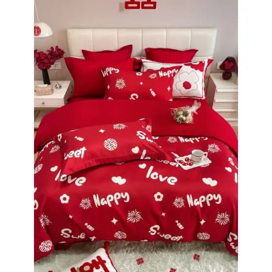Conjunto de quatro peças para casamento, lençol vermelho grande, capa de edredom de seda lavada, quarto de casamento, co