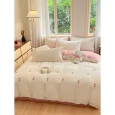Estilo princesa bordado cor sólida leite velo conjunto de quatro peças outono inverno quente engrossado Coral velo cama