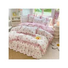 Versão coreana saia de cama de algodão puro conjunto de quatro peças princesa rosa renda estilo algodão saia de cama cap