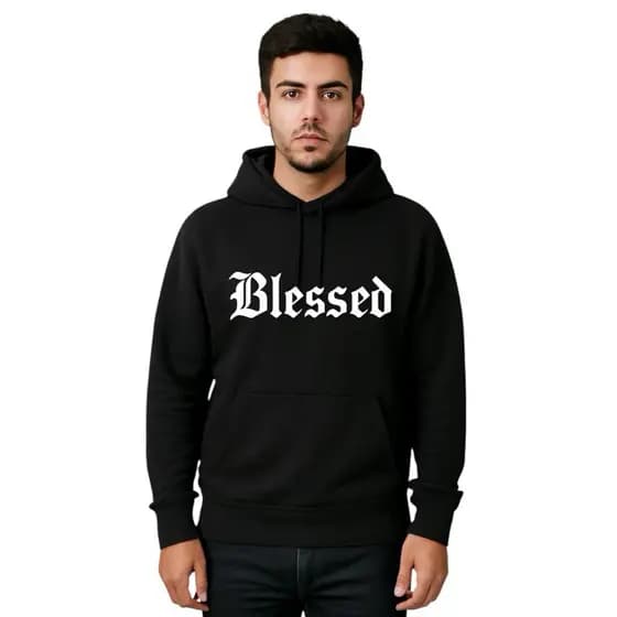 Blusa Moletom Canguru Preto Escrito Blessed Com Capuz e Bolso Flanelado Masculino e Feminino
