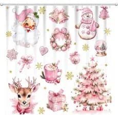 Cortina de Banheiro de Natal 72" x 72" Rosa com Papai Noel, Renas, Decorações de Natal para Banheiro, Árvores de Natal,