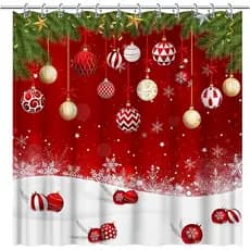 Cortina de Banheiro Vermelha com Enfeites de Bolas de Natal 72" x 72" Decorações de Festa de Natal com Neve Branca Tecid