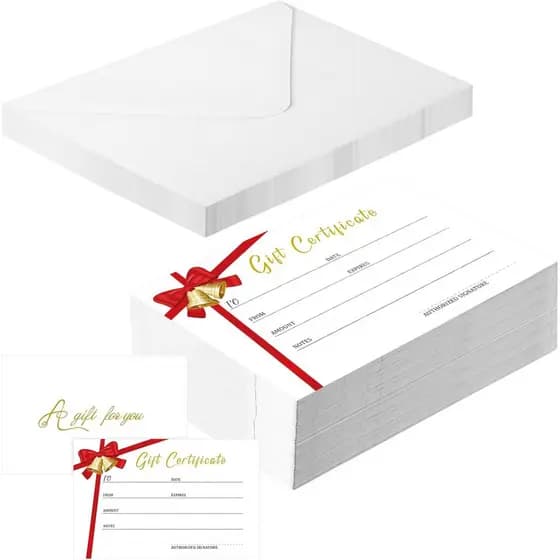 50 Conjuntos de Certificados de Presente de Natal em Branco com 50 Envelopes de Presente Correspondentes, Fita Vermelha,
