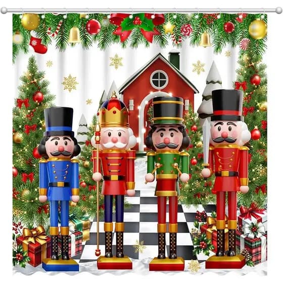 Cortina de Chuveiro Quebra-Nozes de Natal 72" x 72" Soldados de Desenho Animado Decorações para Banheiro de Casa Papai N