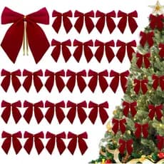 24 Laços de Veludo Vermelho para Árvore de Natal, Laços de Natal de 6 x 4,7 Polegadas para Guirlandas, Laços Rústicos pa