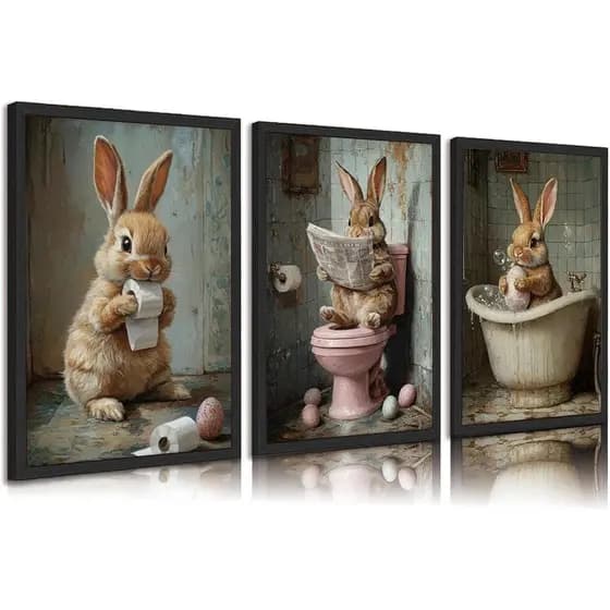 3 peças de arte de parede em tela com coelhinhos engraçados retrô para banheiro, pôsteres de coelhos de Páscoa, pinturas
