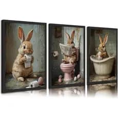 3 peças de arte de parede em tela com coelhinhos engraçados retrô para banheiro, pôsteres de coelhos de Páscoa, pinturas