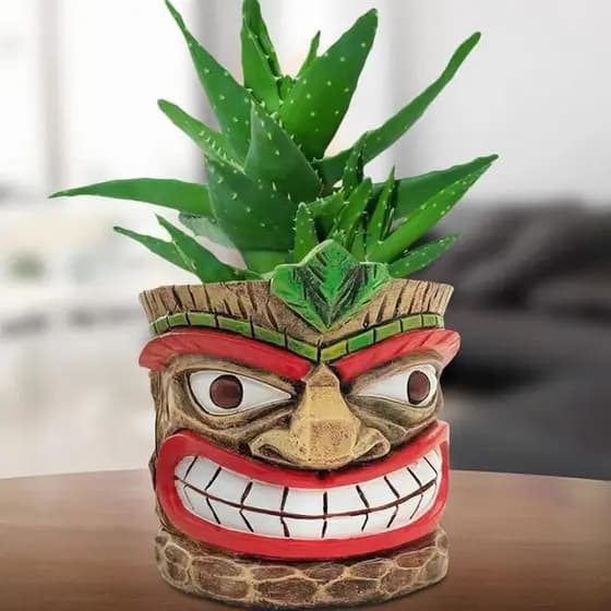 Vaso Decorativo Pequeno para Plantas de Interior em Forma de Cabeça de Tiki, Vaso Engraçado para Suculentas, Vaso de Flo