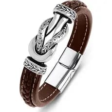 Pulseira de Couro Trançado para Homens, Bracelete de Pulso com Fecho de Aço Inoxidável, Presente para Homens FDM9