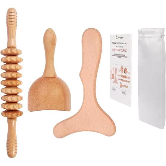 Komogir Ferramentas de Massagem em Madeira 3 em 1, Massageador de Drenagem Linfática, Massageador de Madeira para Madero