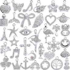 Conjunto de Pingentes de Strass em Tom Prateado para Criação de Joias DIY - 36 Peças de Pingentes de Metal Variados para