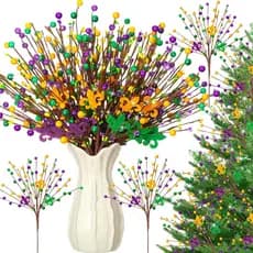 10 Peças de Decoração de Mardi Gras, Enfeites de Mardi Gras de 15,75'' com Hastes de Bagas Roxas, Douradas e Verdes, Enf